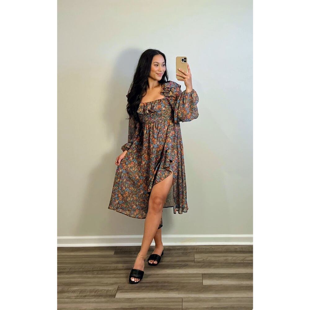 For Love & Lemons Brittany Midi Dress in Blue Medium Ditsy Floral Long Sleeve
